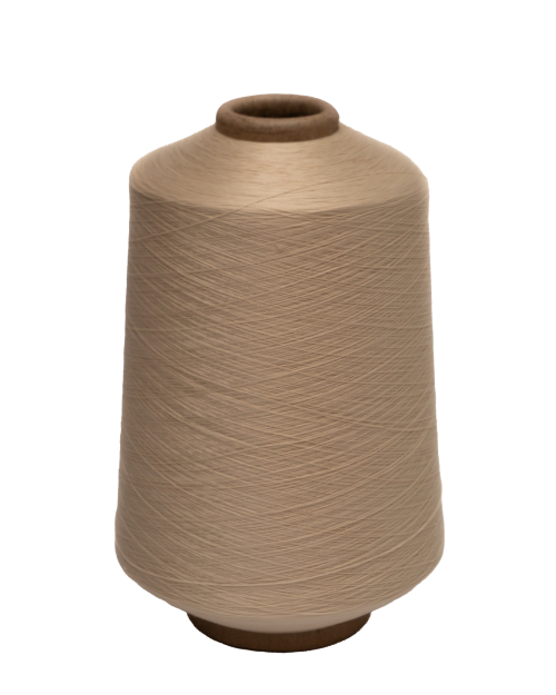Gulungan kones benang berwarna coklat keemasan, merepresentasikan produk benang berkualitas tinggi dari CV Yuvin Abadi Jaya, supplier benang nylon dan spandex.